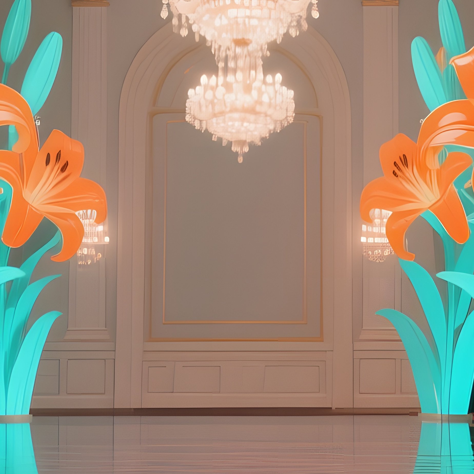 An Elegant Ballroom Floor Polished To Mirror Sheen Reflecting Towering Pop‑Art Lily Installations - Full Resolution Quality Preview