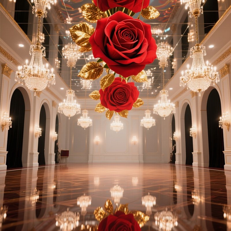 An Elegant Ballroom Floor Reflected In A Mirrored Ceiling, Towering Pop‑Art Roses In Vivid Red And