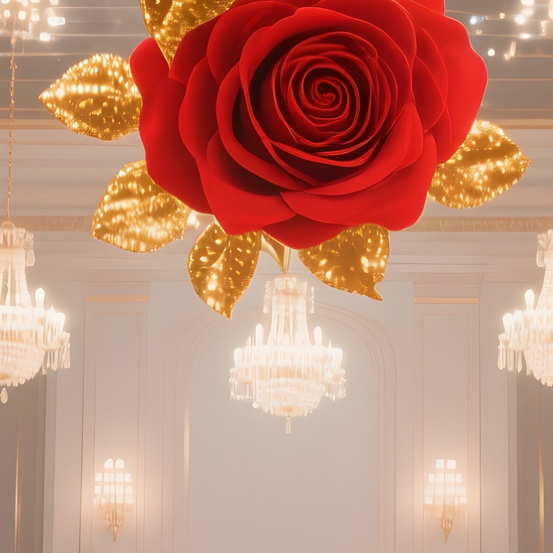 An Elegant Ballroom Floor Reflected In A Mirrored Ceiling, Towering Pop‑Art Roses In Vivid Red And - Full Resolution Quality Preview