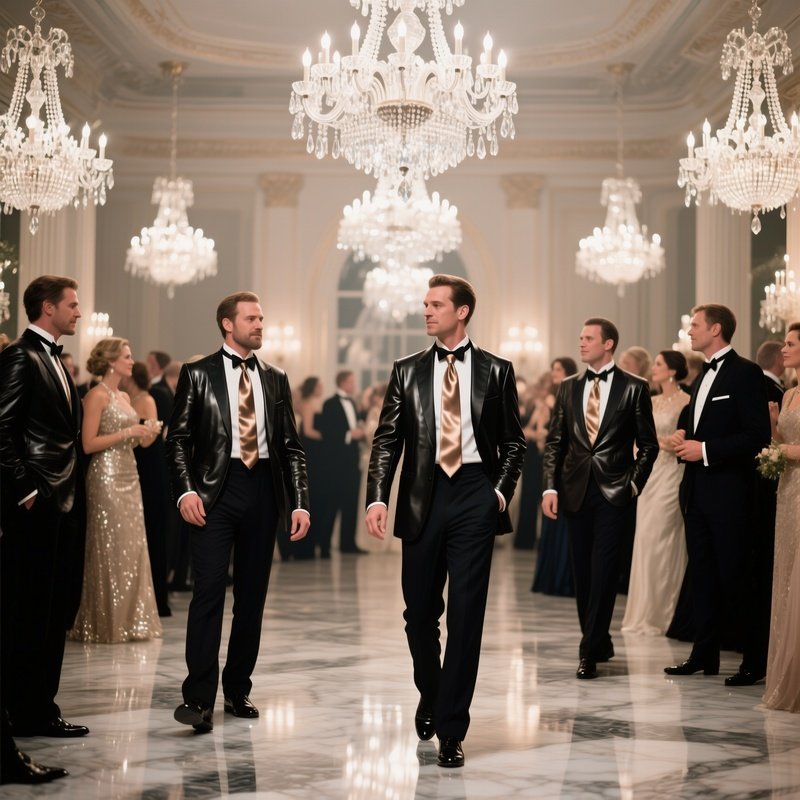 An Elegant Ballroom Gala Scene Under Crystal Chandeliers, Guests Wearing Tailored Leather Blazers