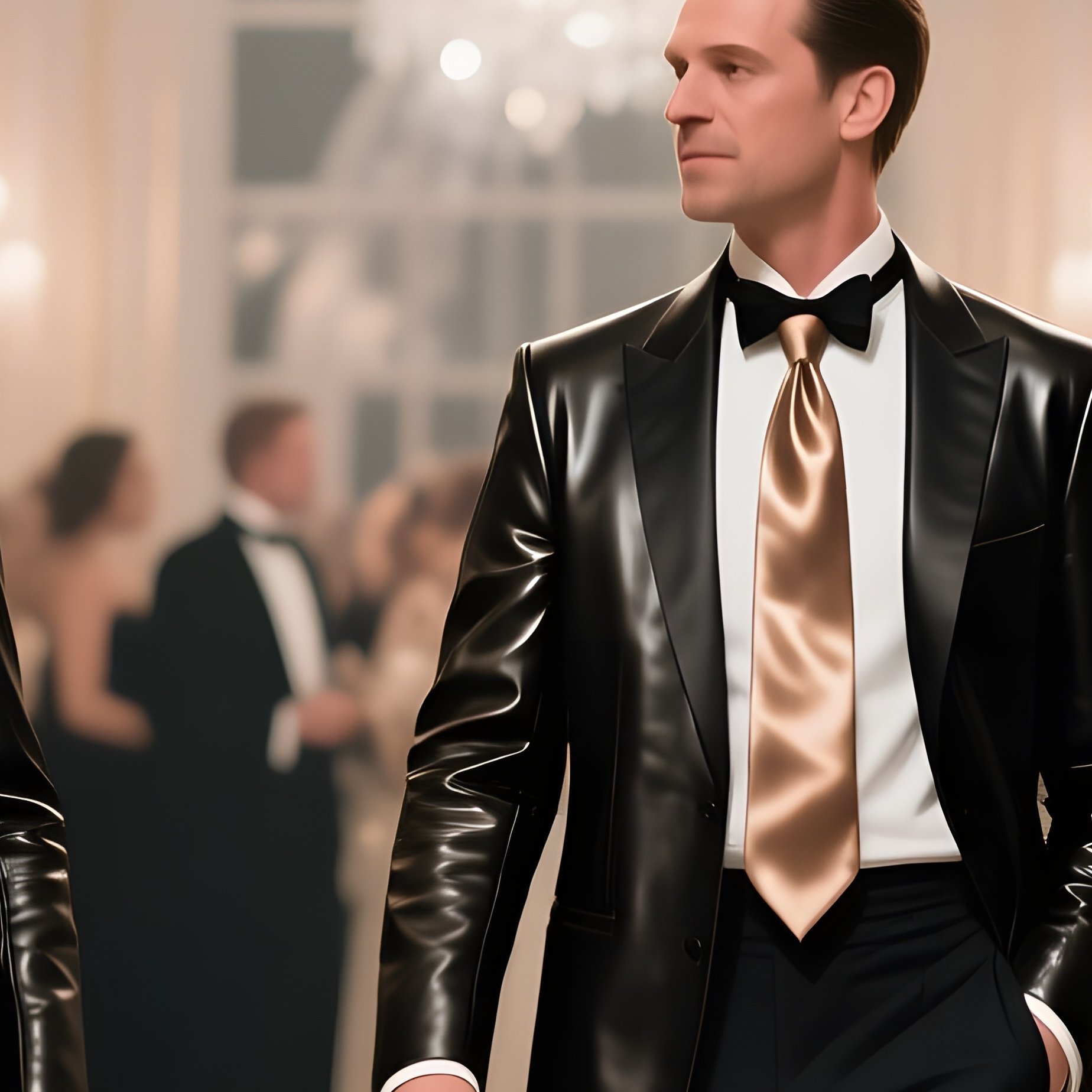 An Elegant Ballroom Gala Scene Under Crystal Chandeliers, Guests Wearing Tailored Leather Blazers - Full Resolution Quality Preview