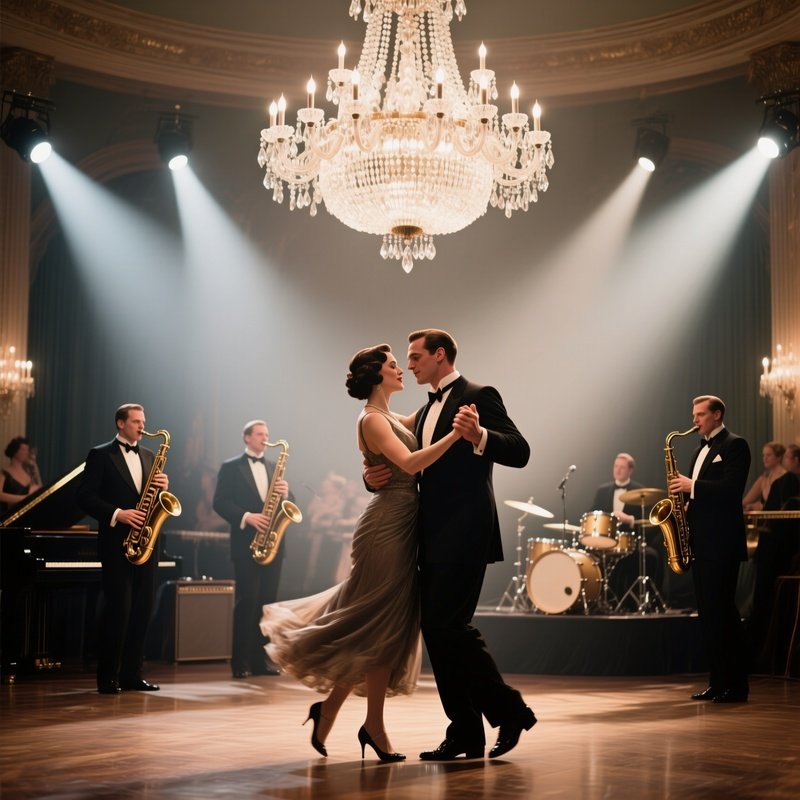 An Elegant Ballroom Of The 1920S With A Jazz Band Playing, A Couple Sharing A Close Dance Under A