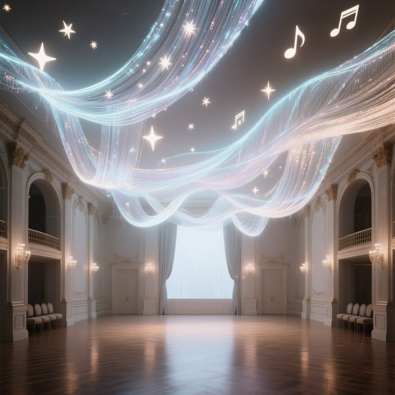 An Elegant Ballroom Transformed Into An Immersive Art Experience, With Ceiling Draped In Flowing