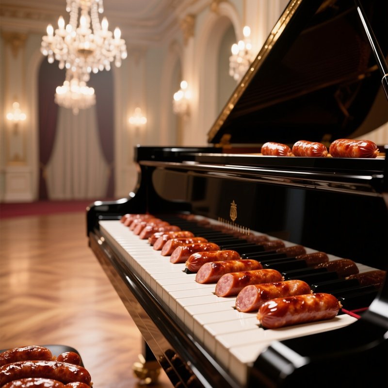 An Elegant Ballroom With Chandeliers Casting Soft Light On A Grand Piano Whose Keys Are Replaced By