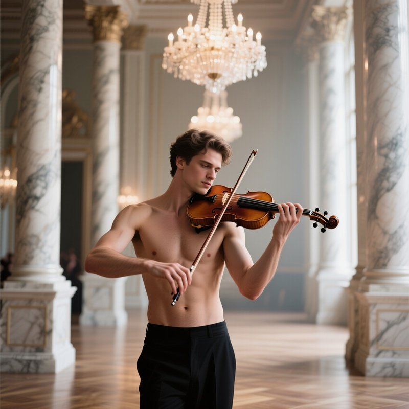 An Elegant Ballroom With Marble Columns, A Male Violinist Playing Passionately, His Torso Exposed
