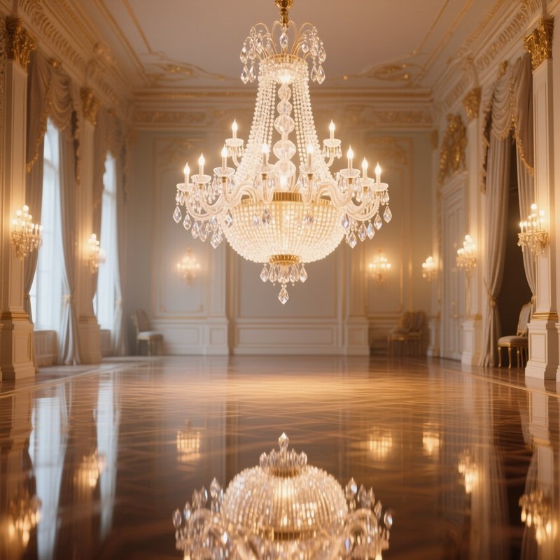 An Elegant Ballroom With Mirrored Floors Reflecting A Massive Suspended Sugar Chandelier Made Of