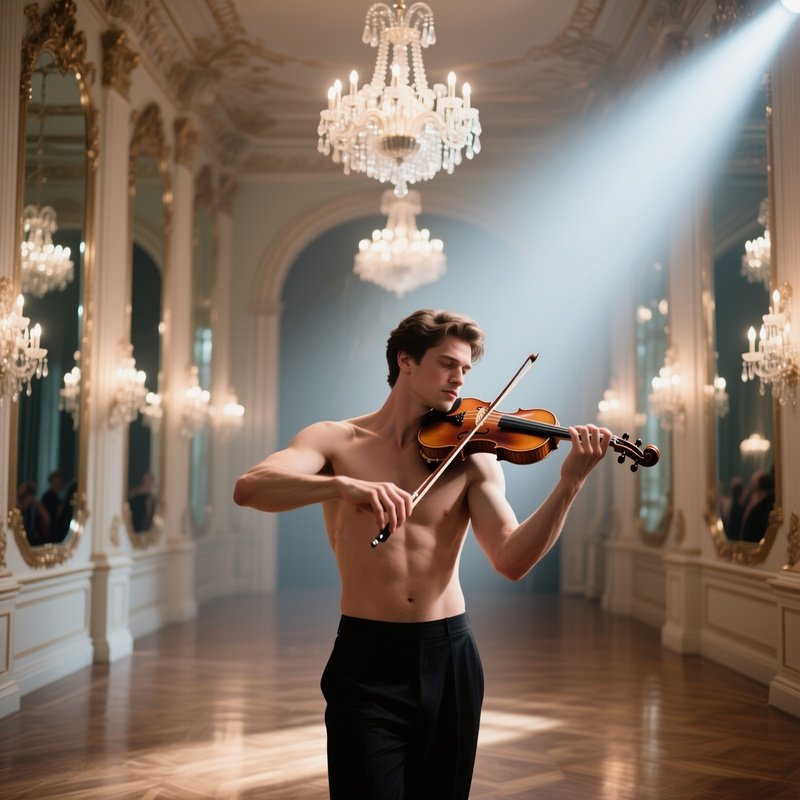 An Elegant Ballroom With Mirrored Walls And Chandeliers, A Male Violinist Playing Passionately, His