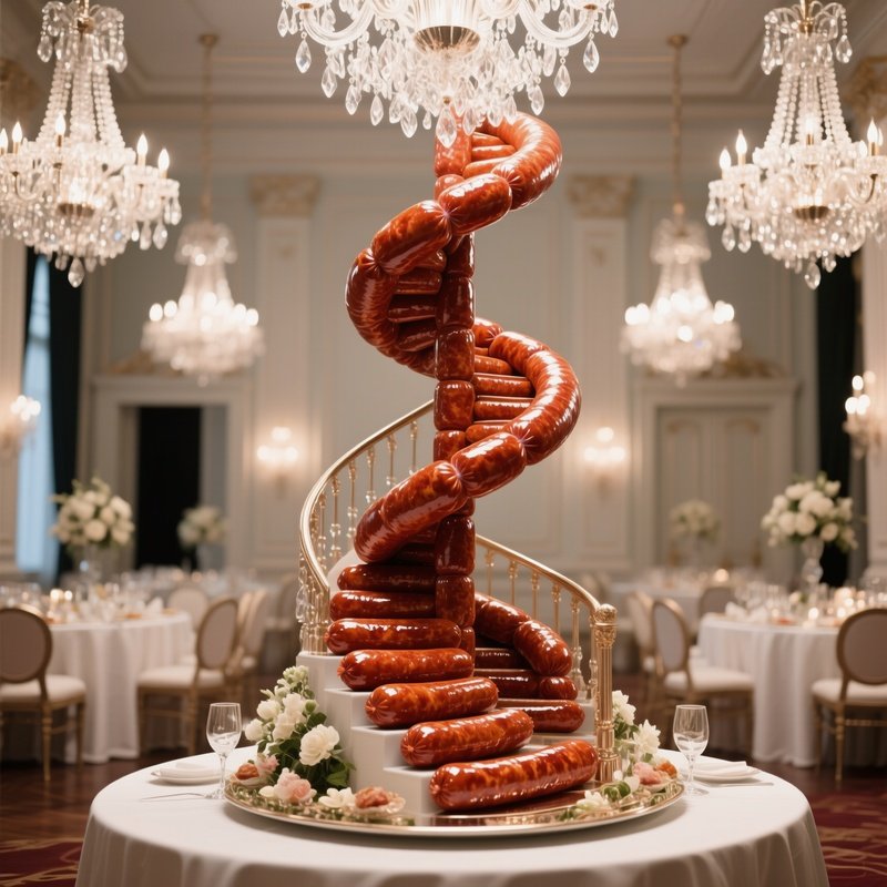 An Elegant Banquet Hall Under Crystal Chandeliers, Displaying An Elaborate Centerpiece A Towering