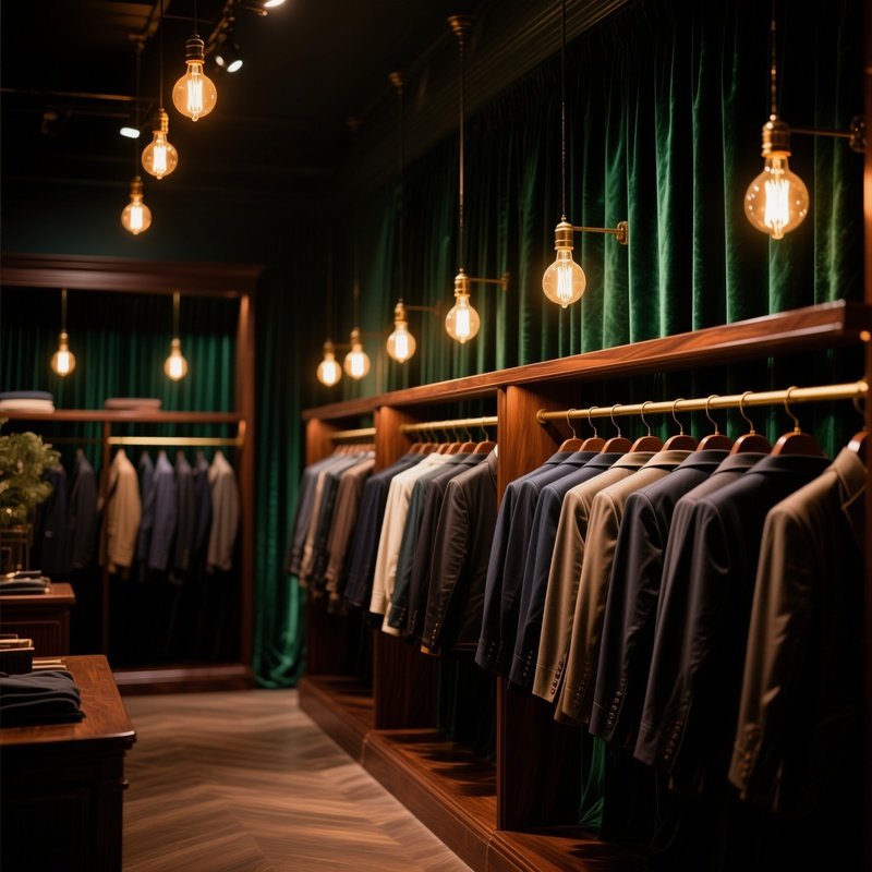 An Elegant Boutique Interior At Night, Bathed In Warm Amber Lighting From Vintage Filament Bulbs,