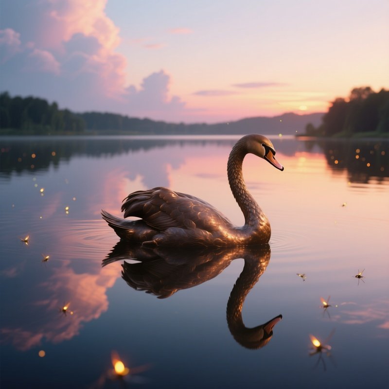 An Elegant Bronze Swan Gliding Across A Mirror‑Like Lake At Sunset, Pastel Clouds Reflected In The