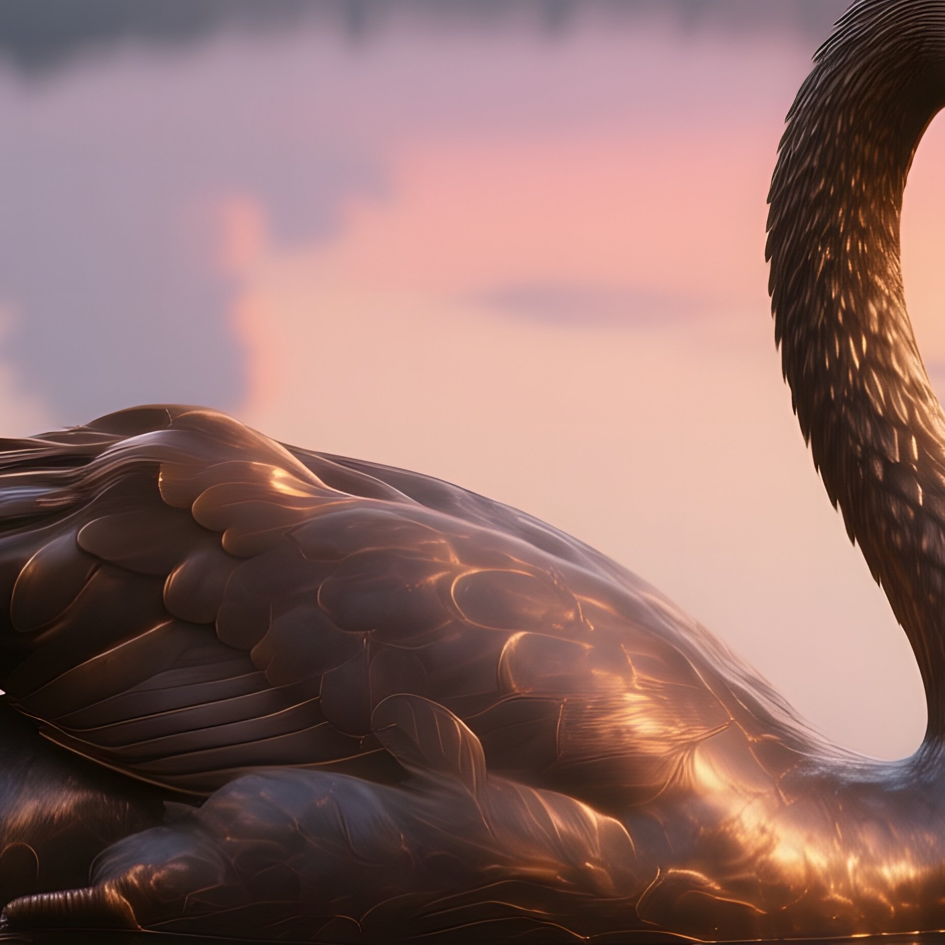 An Elegant Bronze Swan Gliding Across A Mirror‑Like Lake At Sunset, Pastel Clouds Reflected In The - Full Resolution Quality Preview