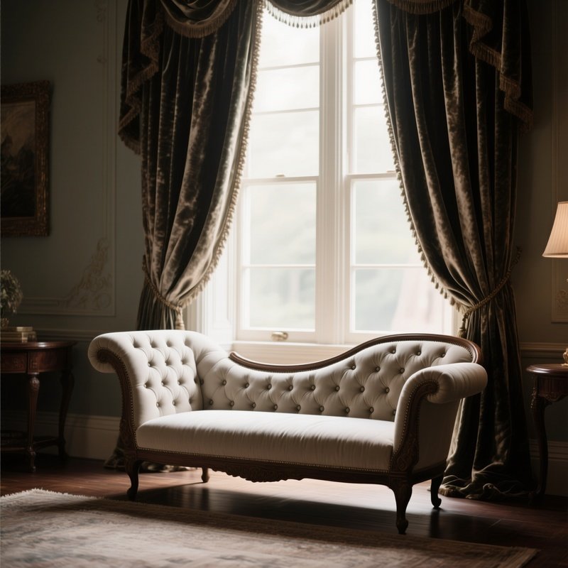 An Elegant, Button Tufted Chaise Lounge In A Victorian Style Parlor, Positioned Near A Tall Window Draped With Heavy Velvet Curtains, Inviting A Moment Of Relaxation.