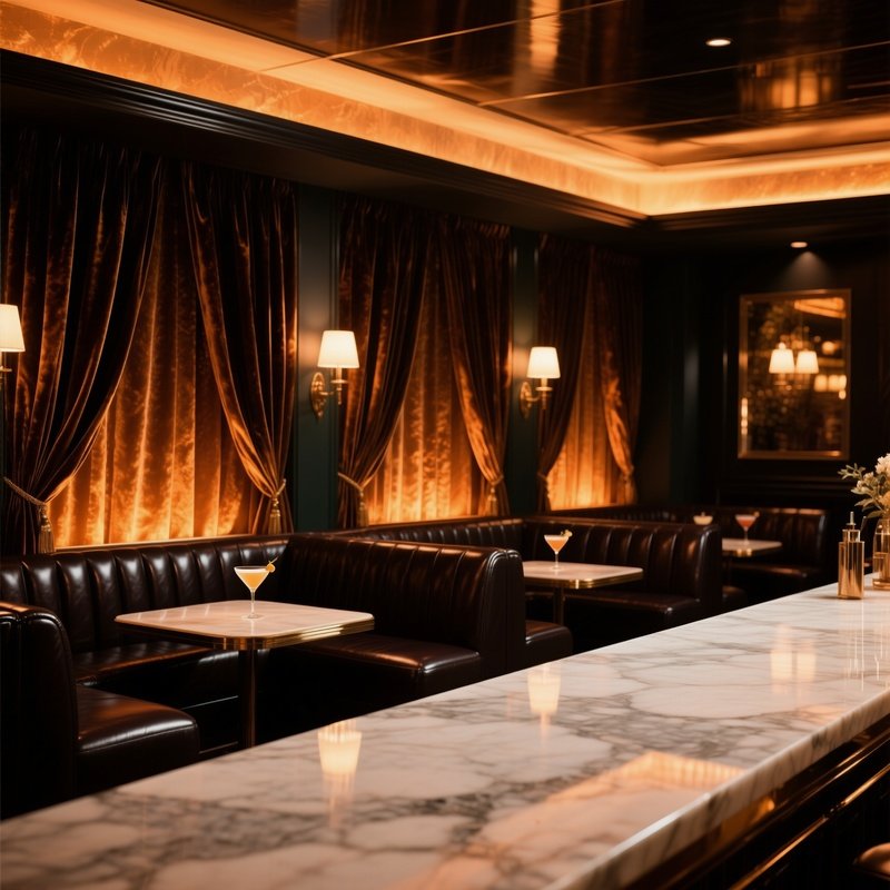 An Elegant Cocktail Lounge With Dark Leather Booths And Plush Velvet Curtains, Amber Lighting