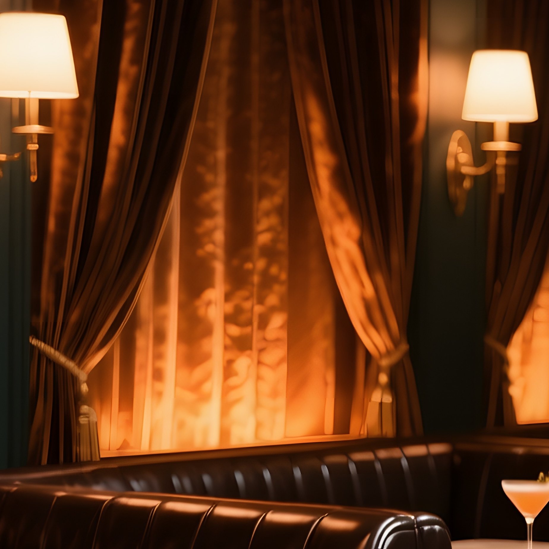 An Elegant Cocktail Lounge With Dark Leather Booths And Plush Velvet Curtains, Amber Lighting - Full Resolution Quality Preview