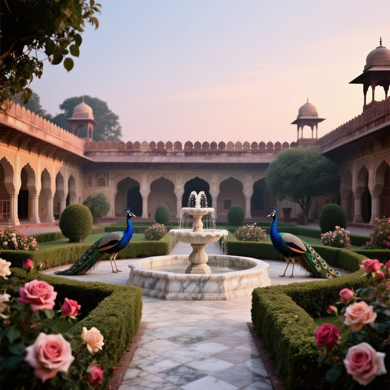 An Elegant Courtyard Garden In A Mughal Fort, Marble Fountains Surrounded By Fragrant Roses,