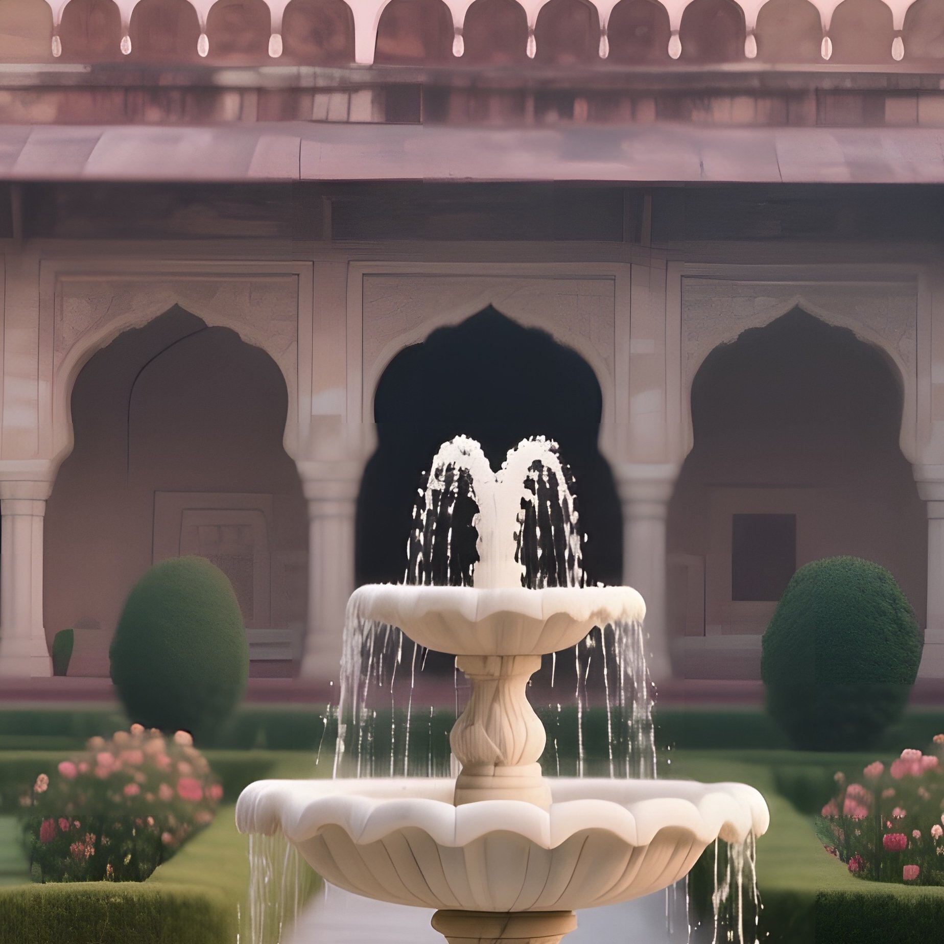 An Elegant Courtyard Garden In A Mughal Fort, Marble Fountains Surrounded By Fragrant Roses, - Full Resolution Quality Preview