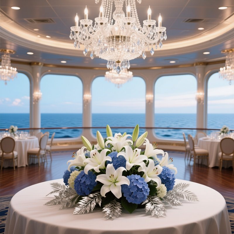 An Elegant Cruise Ship Ballroom With Panoramic Ocean Views, Where Crystal Chandeliers Illuminate A