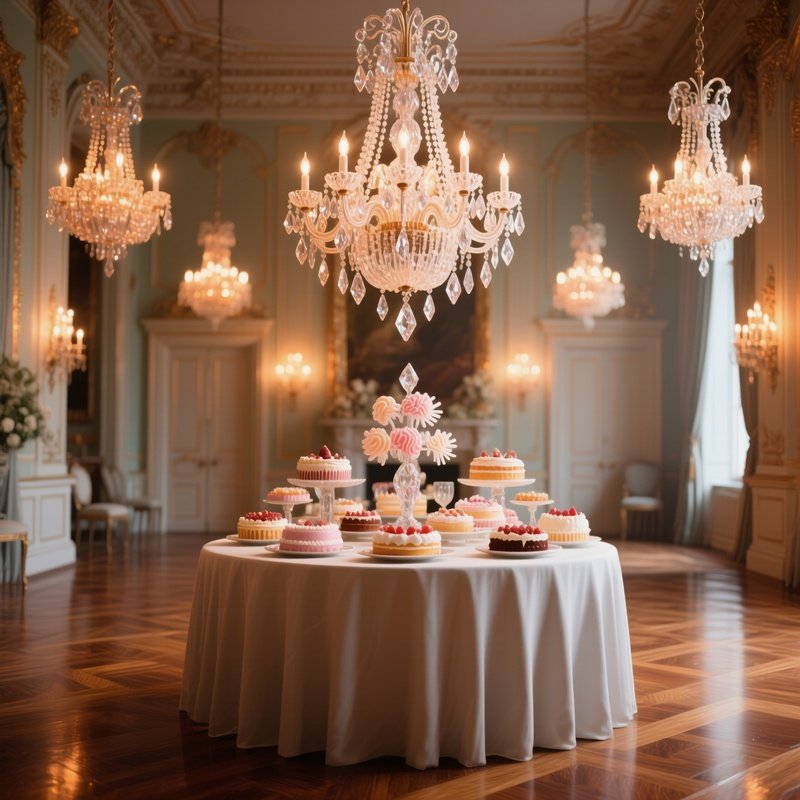 An Elegant Dessert Table In A Grand Ballroom, Featuring An Ornate Sugar Chandelier Dripping With