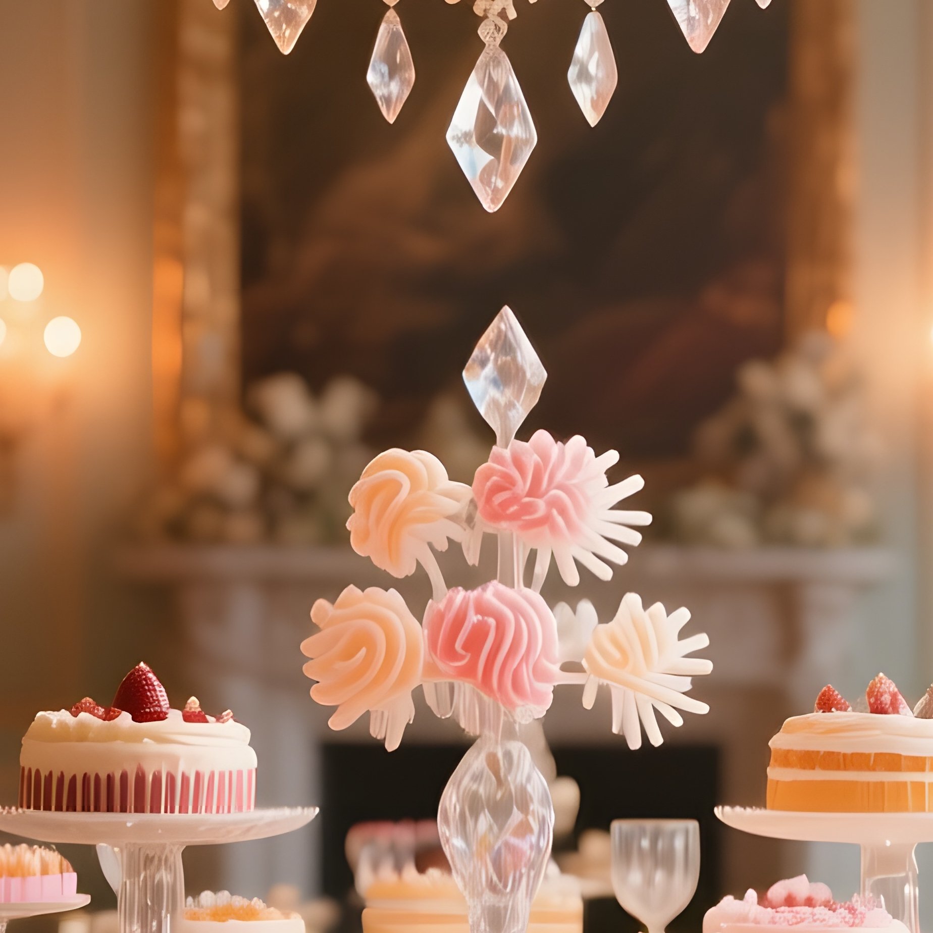 An Elegant Dessert Table In A Grand Ballroom, Featuring An Ornate Sugar Chandelier Dripping With - Full Resolution Quality Preview