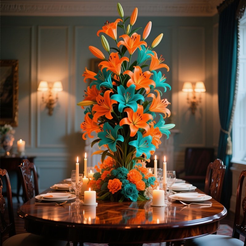 An Elegant Dining Room Bathed In Candlelight, Centerpiece A Towering Arrangement Of Pop‑Art Lilies