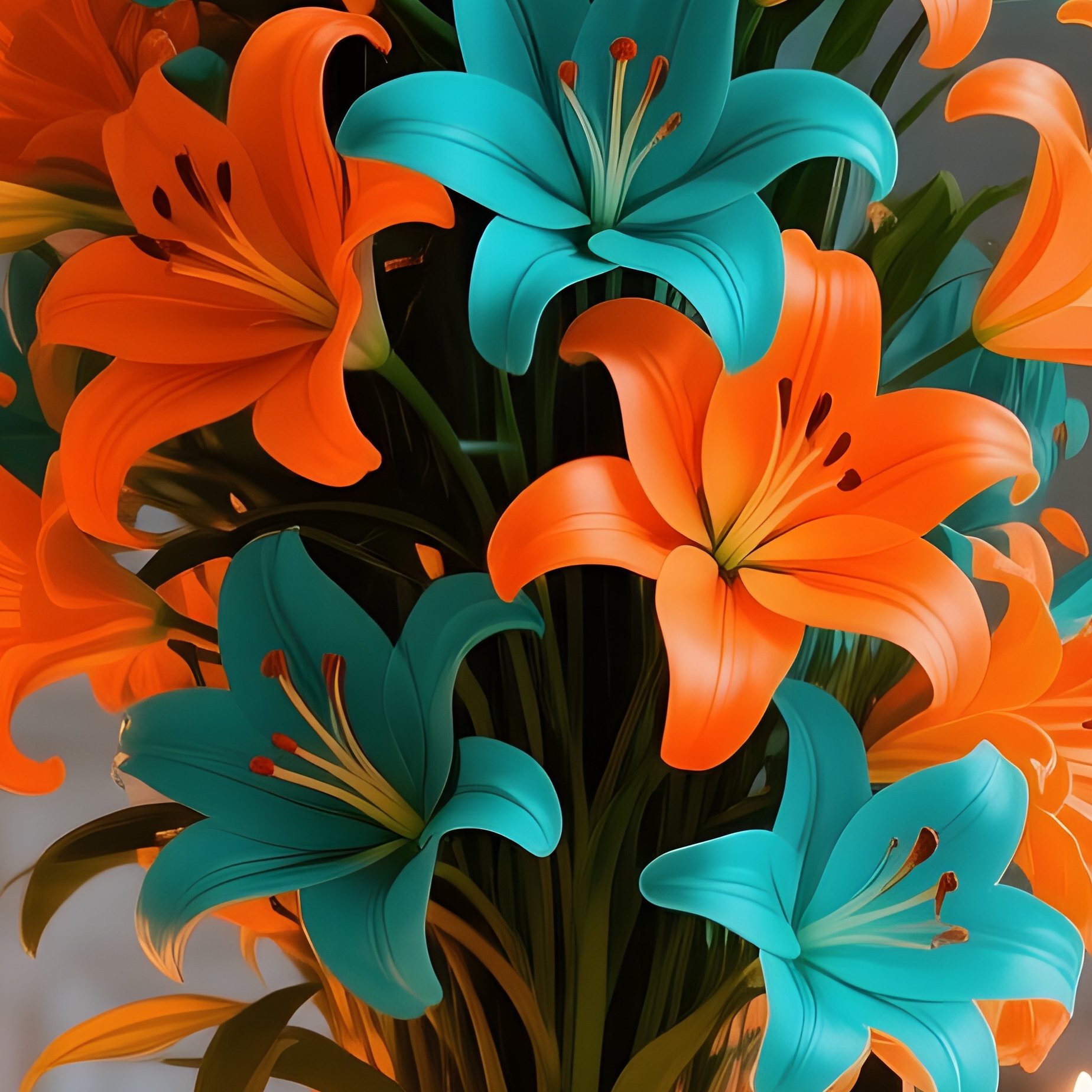 An Elegant Dining Room Bathed In Candlelight, Centerpiece A Towering Arrangement Of Pop‑Art Lilies - Full Resolution Quality Preview