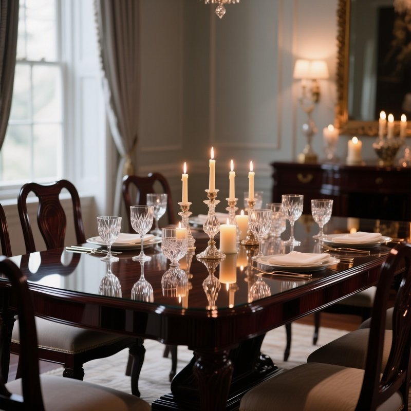 An Elegant Dining Room Featuring A Dark Cherry Wood Table, Polished To Mirror‑Like Finish,