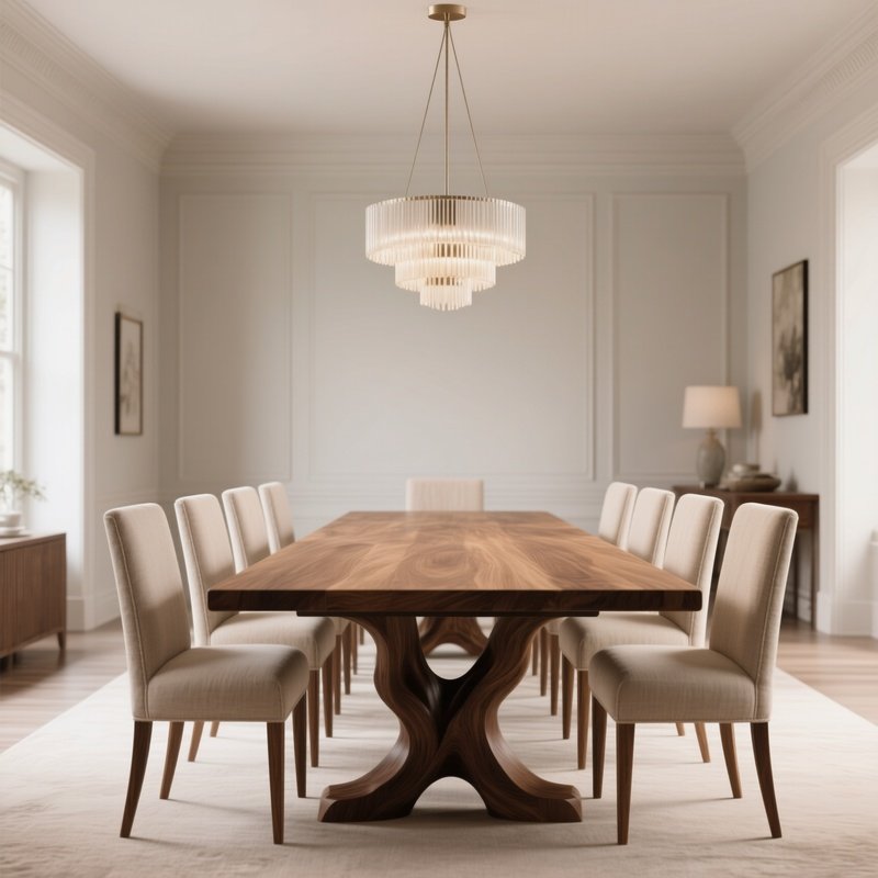 An Elegant Dining Room Showcasing A Long Solid Oak Dining Table With Sculptural Legs, Surrounded By Upholstered Chairs In Neutral Linen, Set Beneath A Minimalist Chandelier