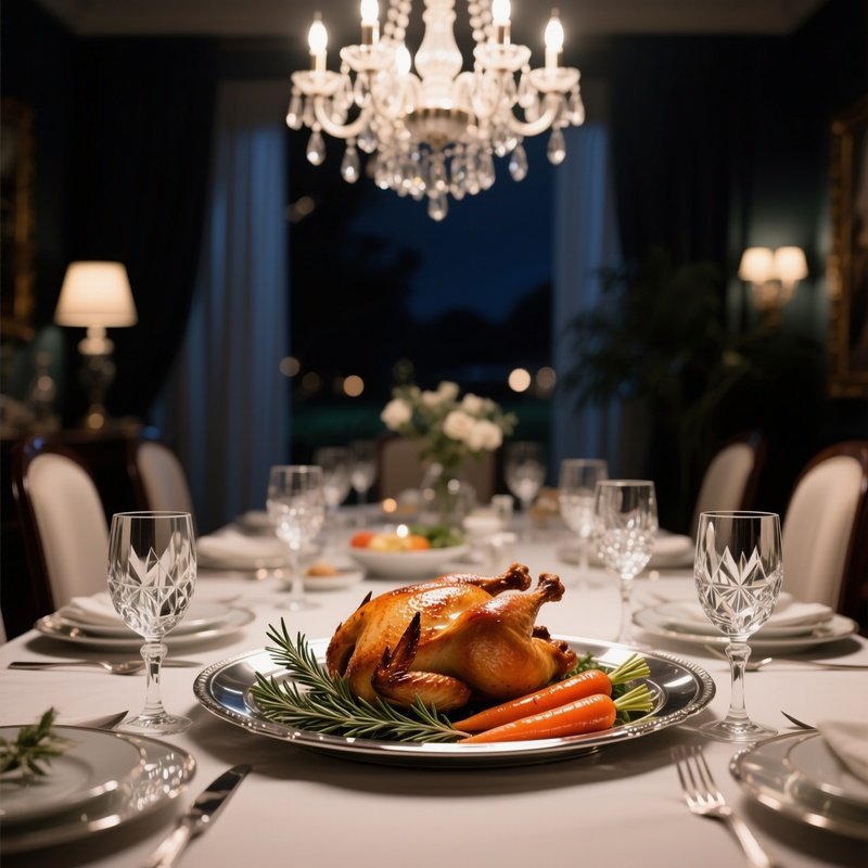 An Elegant Dining Room Table At Night, Illuminated By Chandelier Glow, Featuring A Polished Silver