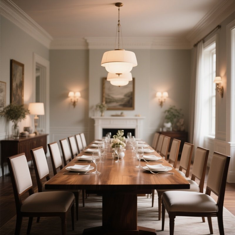 An Elegant Dining Room With A Long Wooden Table And Soft Lighting