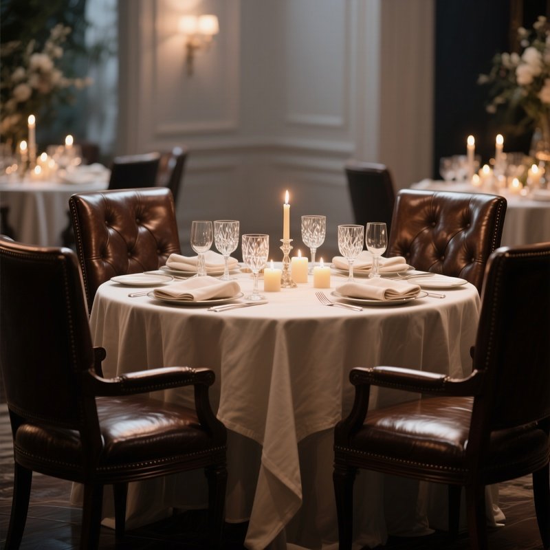 An Elegant Dinner Party Setting, Leather High‑Back Chairs Around A Table Set With Linen Napkins And