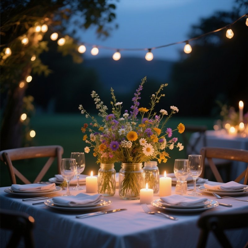 An Elegant Dinner Table Set Outdoors Under String Lights, Centerpiece Of Mixed Wildflowers In Glass
