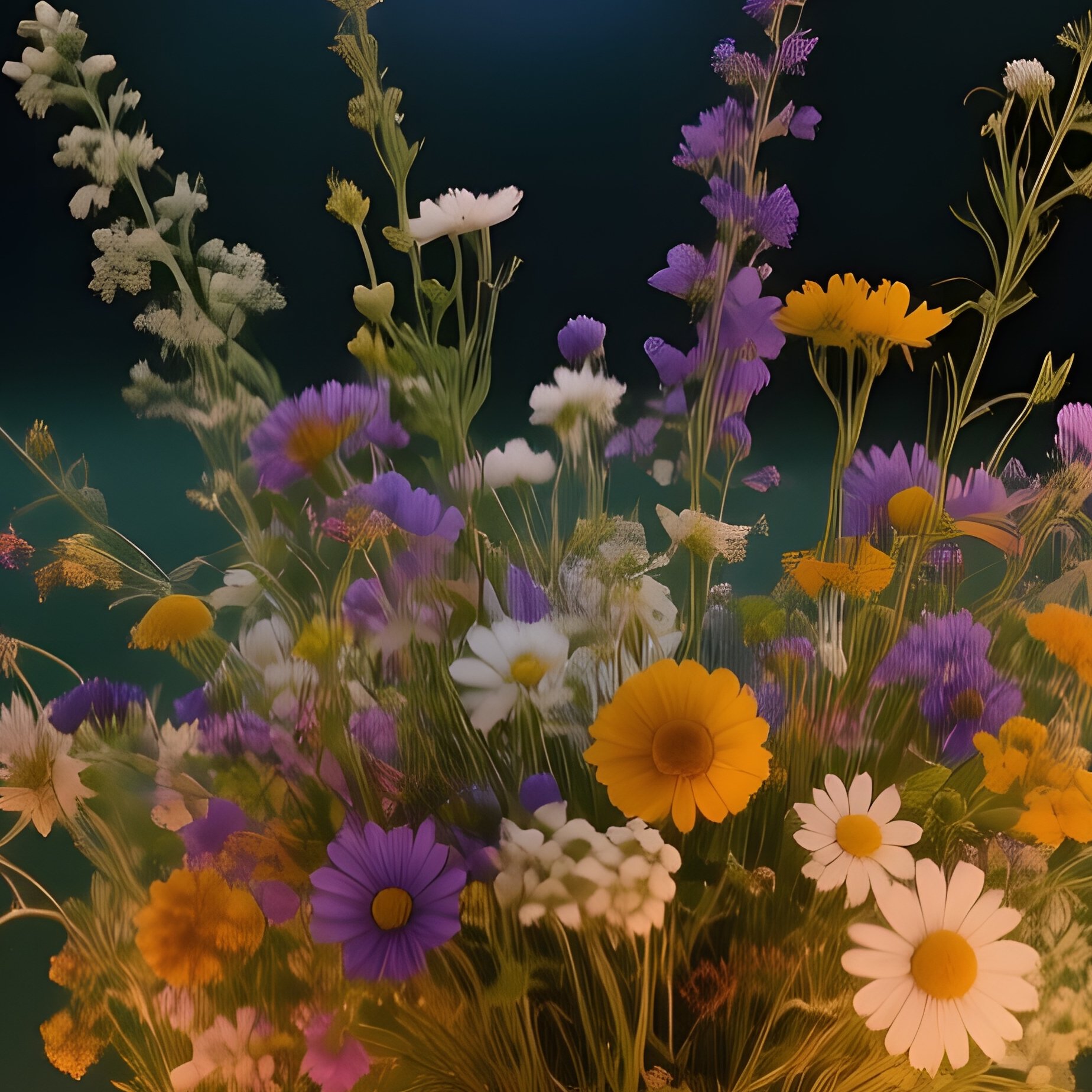 An Elegant Dinner Table Set Outdoors Under String Lights, Centerpiece Of Mixed Wildflowers In Glass - Full Resolution Quality Preview