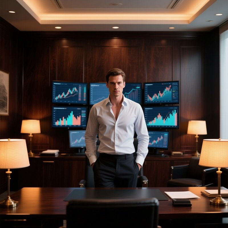 An Elegant Executive Suite With Dark Wood Paneling, A Six‑Pack Businessman In A Crisp Shirt