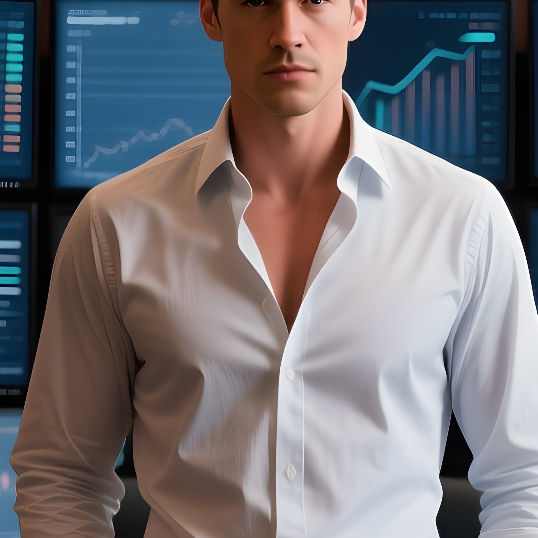 An Elegant Executive Suite With Dark Wood Paneling, A Six‑Pack Businessman In A Crisp Shirt - Full Resolution Quality Preview