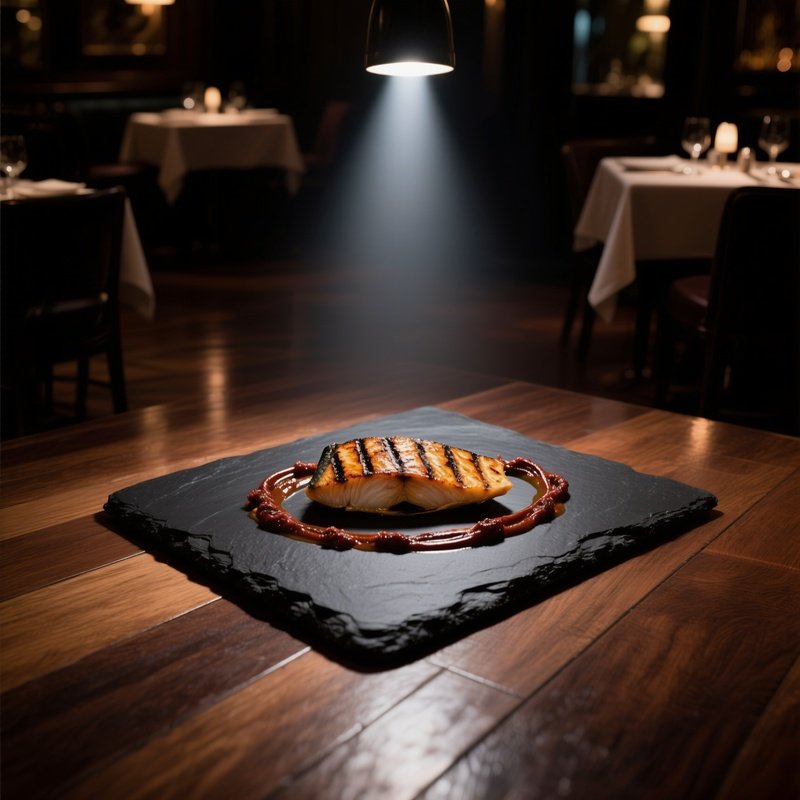 An Elegant Fine Dining Setting In A Dimly Lit Restaurant, Featuring An Immaculate Black Slate Slab