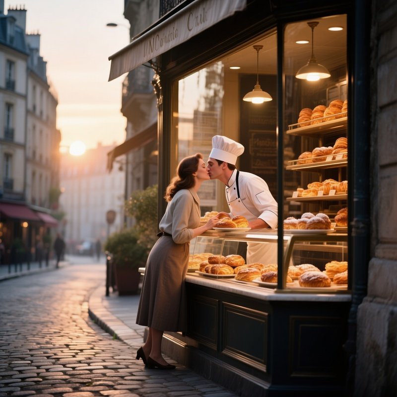 An Elegant French Bakery Window At Dawn, Pastries Displayed, A Baker Kisses His Partner Behind The
