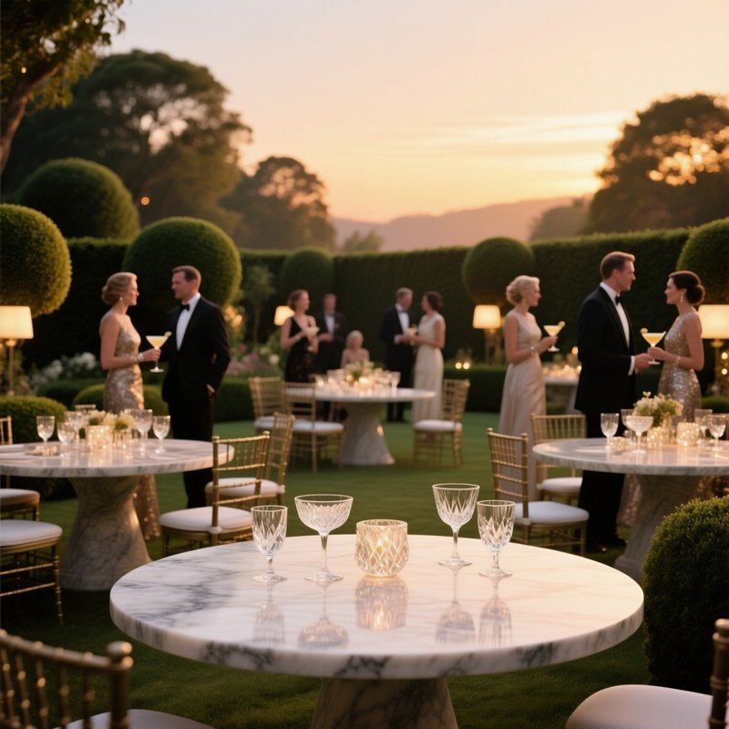 An Elegant Garden Party At Golden Hour, With Round Marble Tables Set With Crystal Glassware, Soft