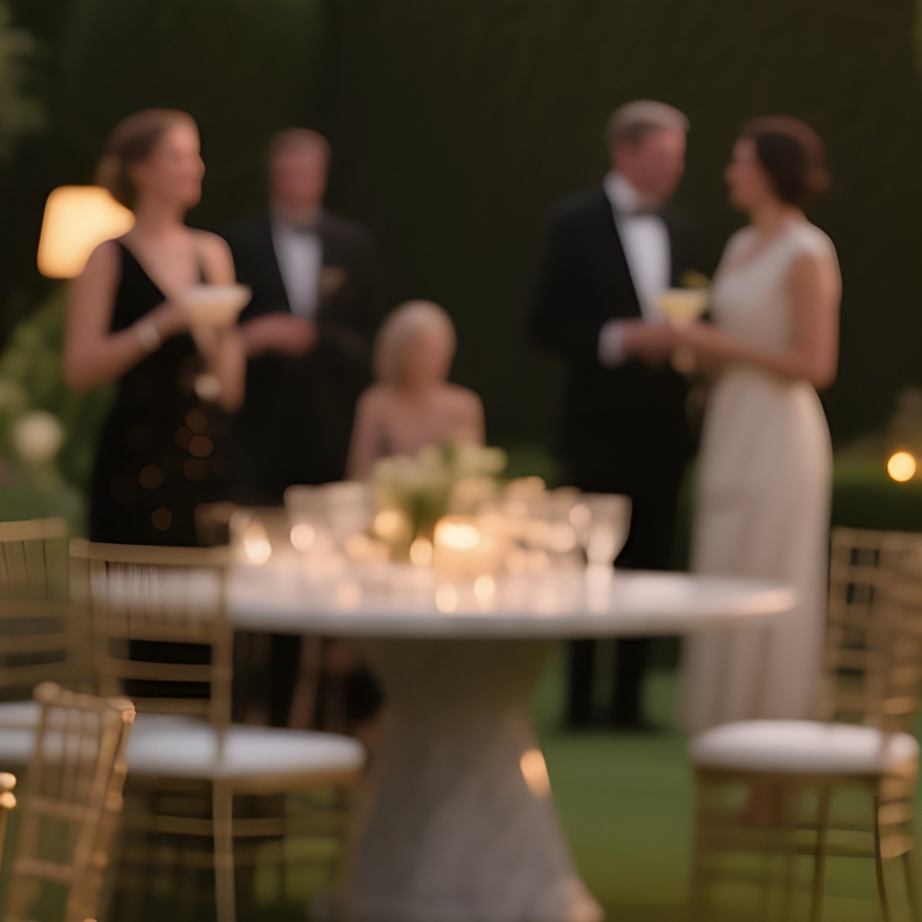 An Elegant Garden Party At Golden Hour, With Round Marble Tables Set With Crystal Glassware, Soft - Full Resolution Quality Preview