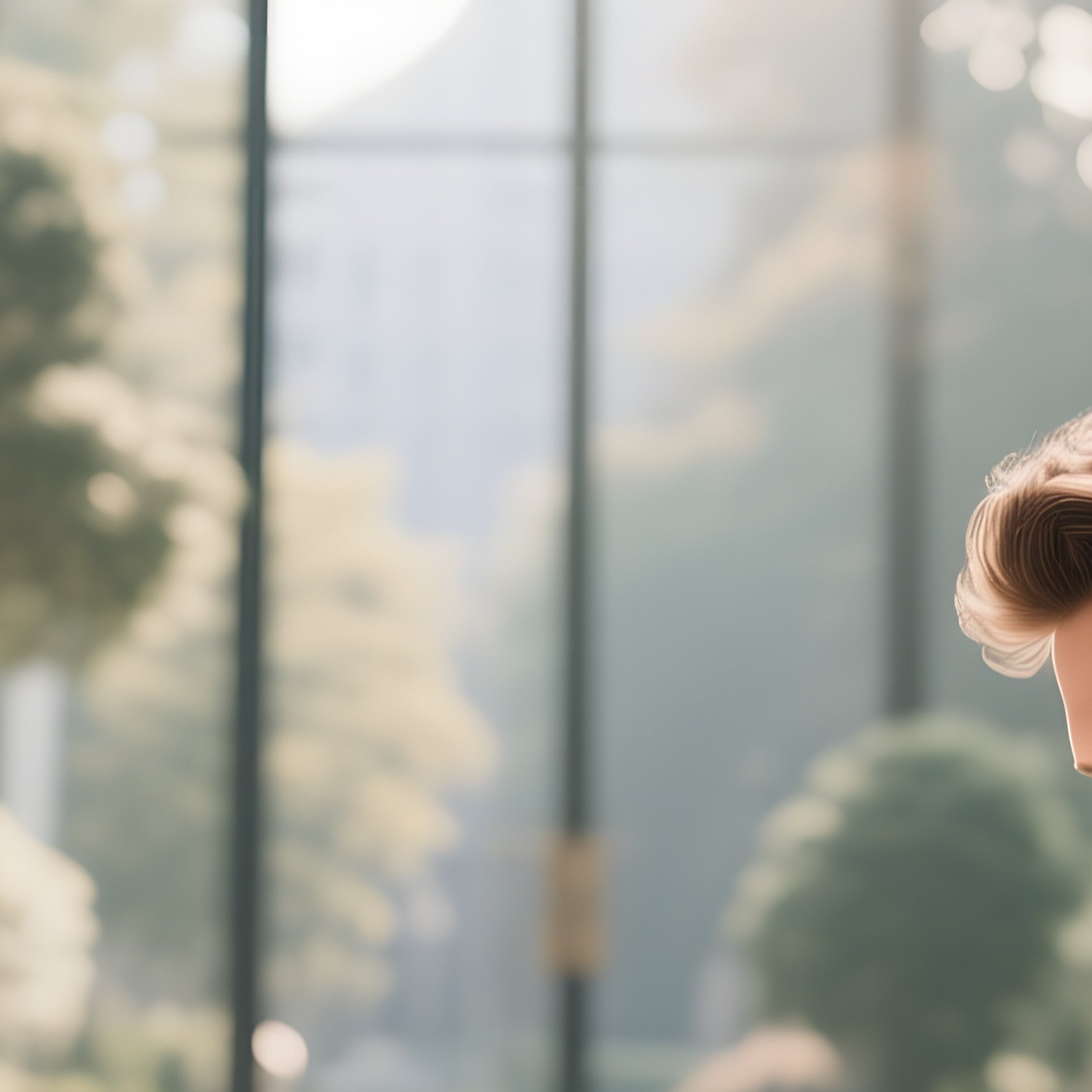 An Elegant Glass Atrium Filled With Indoor Trees, A Six‑Pack Man In A Light Sweater Typing On A - Full Resolution Quality Preview
