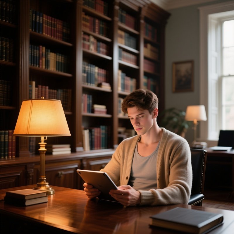 An Elegant Home Library Office With Towering Bookshelves, A Six‑Pack Scholar In A Soft Cardigan