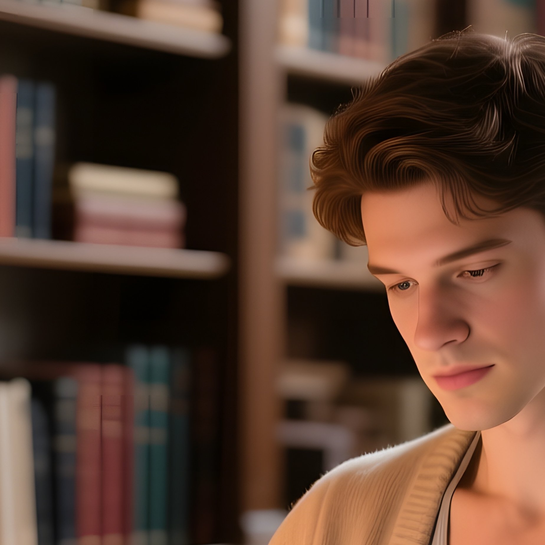 An Elegant Home Library Office With Towering Bookshelves, A Six‑Pack Scholar In A Soft Cardigan - Full Resolution Quality Preview