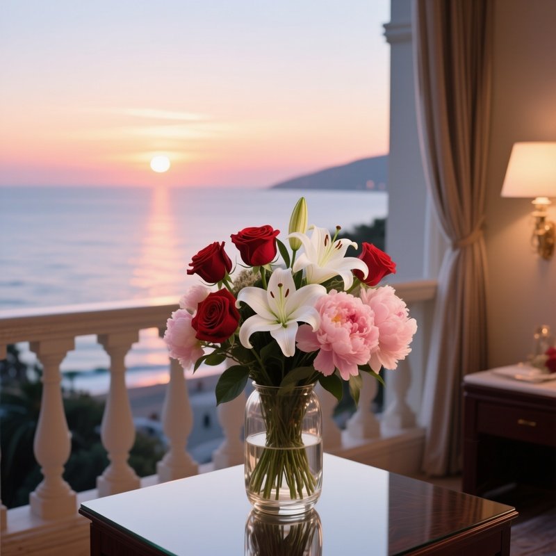 An Elegant Hotel Suite Balcony Overlooking The Sea At Sunset, Where A Glass Vase Holds A Romantic
