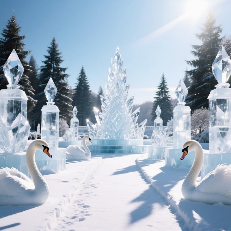 An Elegant Ice Sculpture Garden At Midday, Intricate Crystal Towers And Frozen Swans Reflecting