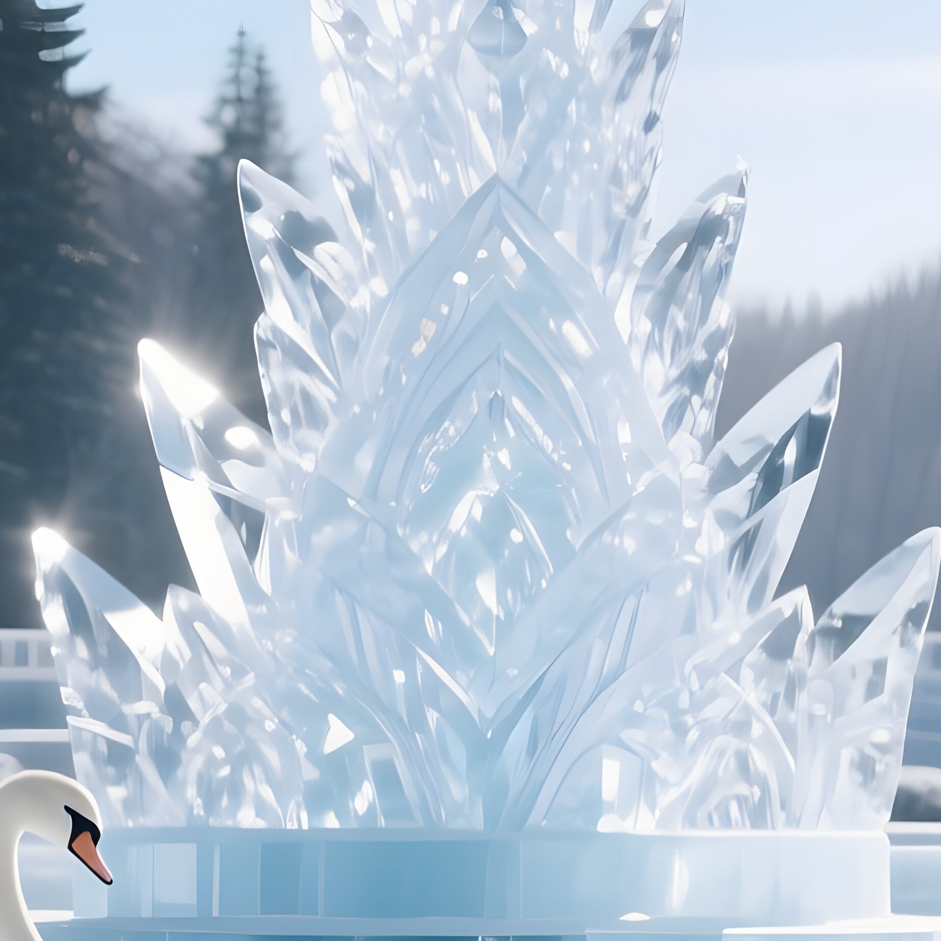 An Elegant Ice Sculpture Garden At Midday, Intricate Crystal Towers And Frozen Swans Reflecting - Full Resolution Quality Preview