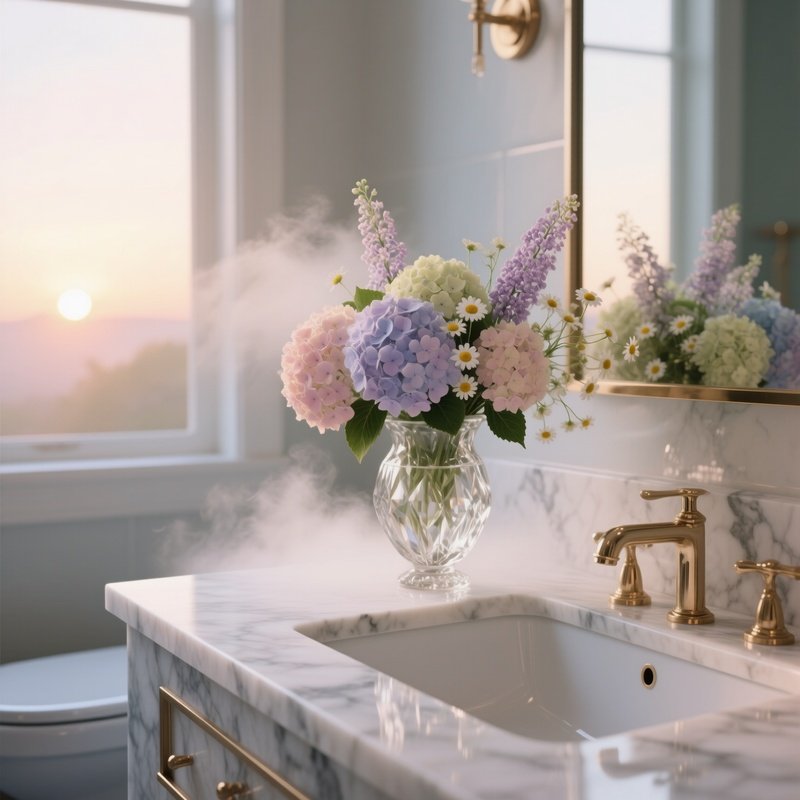 An Elegant Marble Bathroom Vanity At Sunrise, Holding A Crystal Vase Filled With Pastel Hydrangea