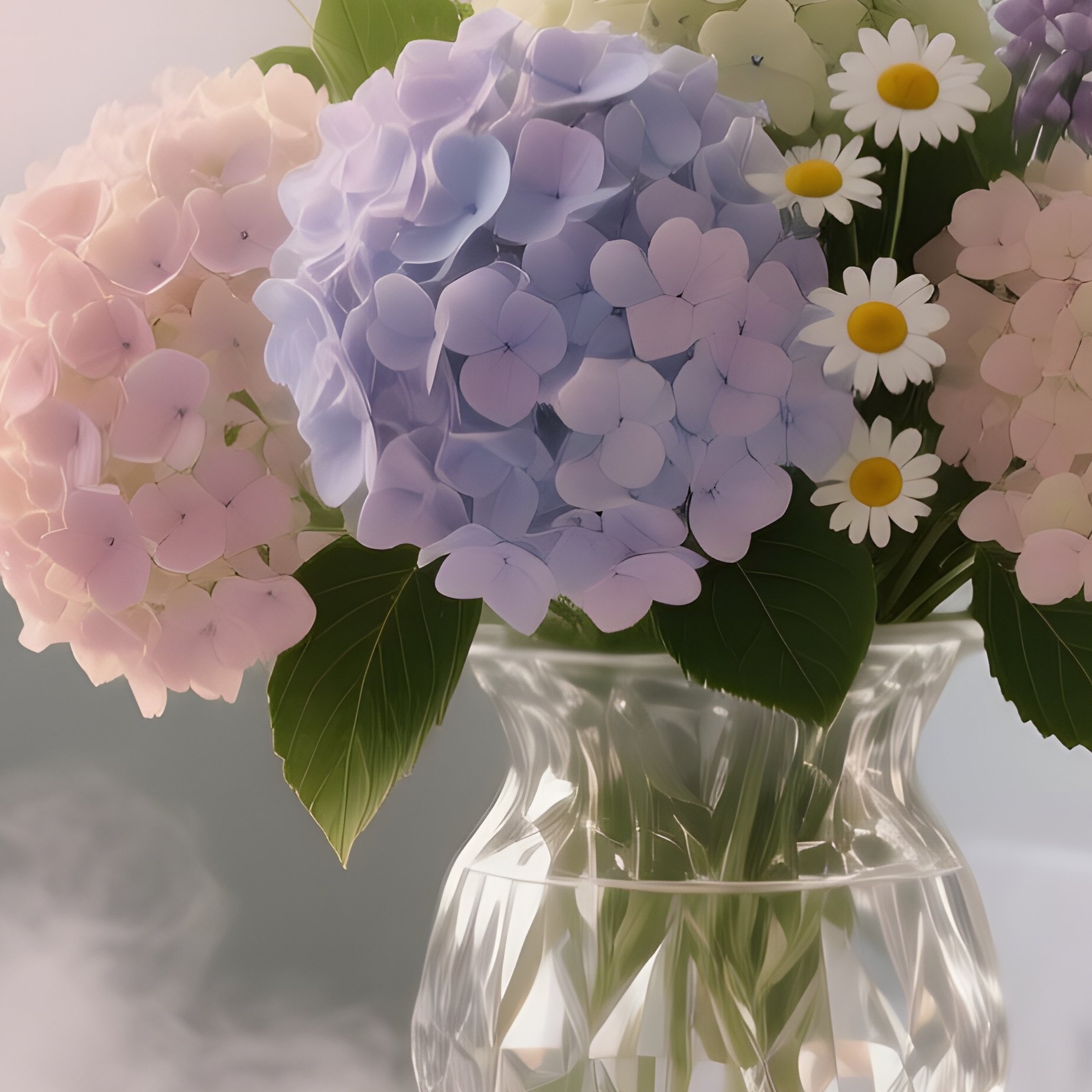 An Elegant Marble Bathroom Vanity At Sunrise, Holding A Crystal Vase Filled With Pastel Hydrangea - Full Resolution Quality Preview