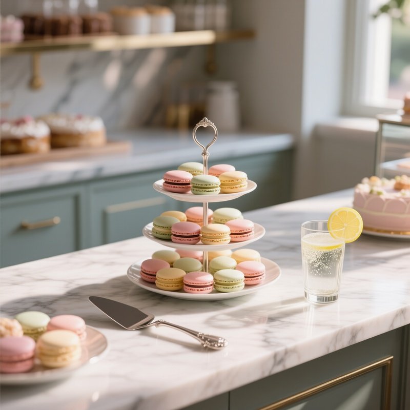 An Elegant Marble Countertop In A Boutique Bakery At Noon, Showcasing A Tiered Stand Of Pastel