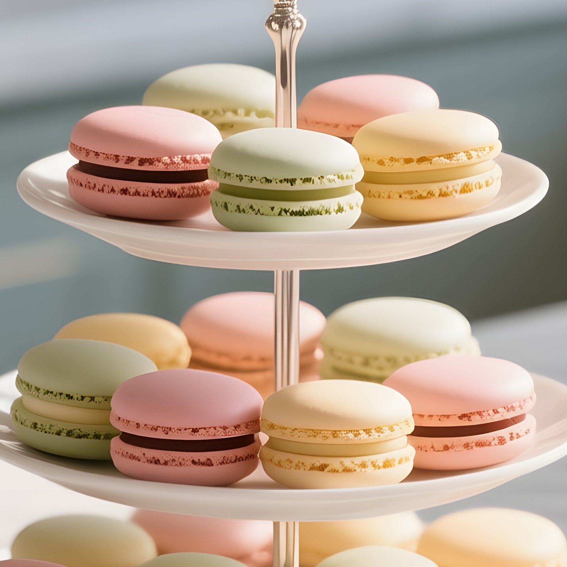An Elegant Marble Countertop In A Boutique Bakery At Noon, Showcasing A Tiered Stand Of Pastel - Full Resolution Quality Preview