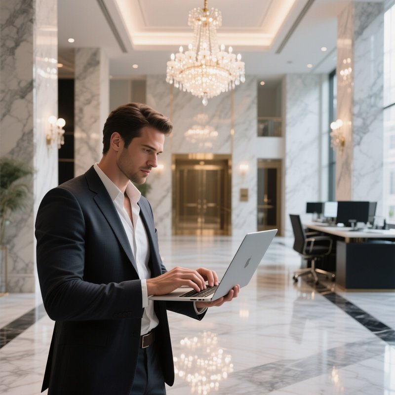 An Elegant Marble Lobby Turned Temporary Workstation, A Six‑Pack Businessman In A Tailored Blazer