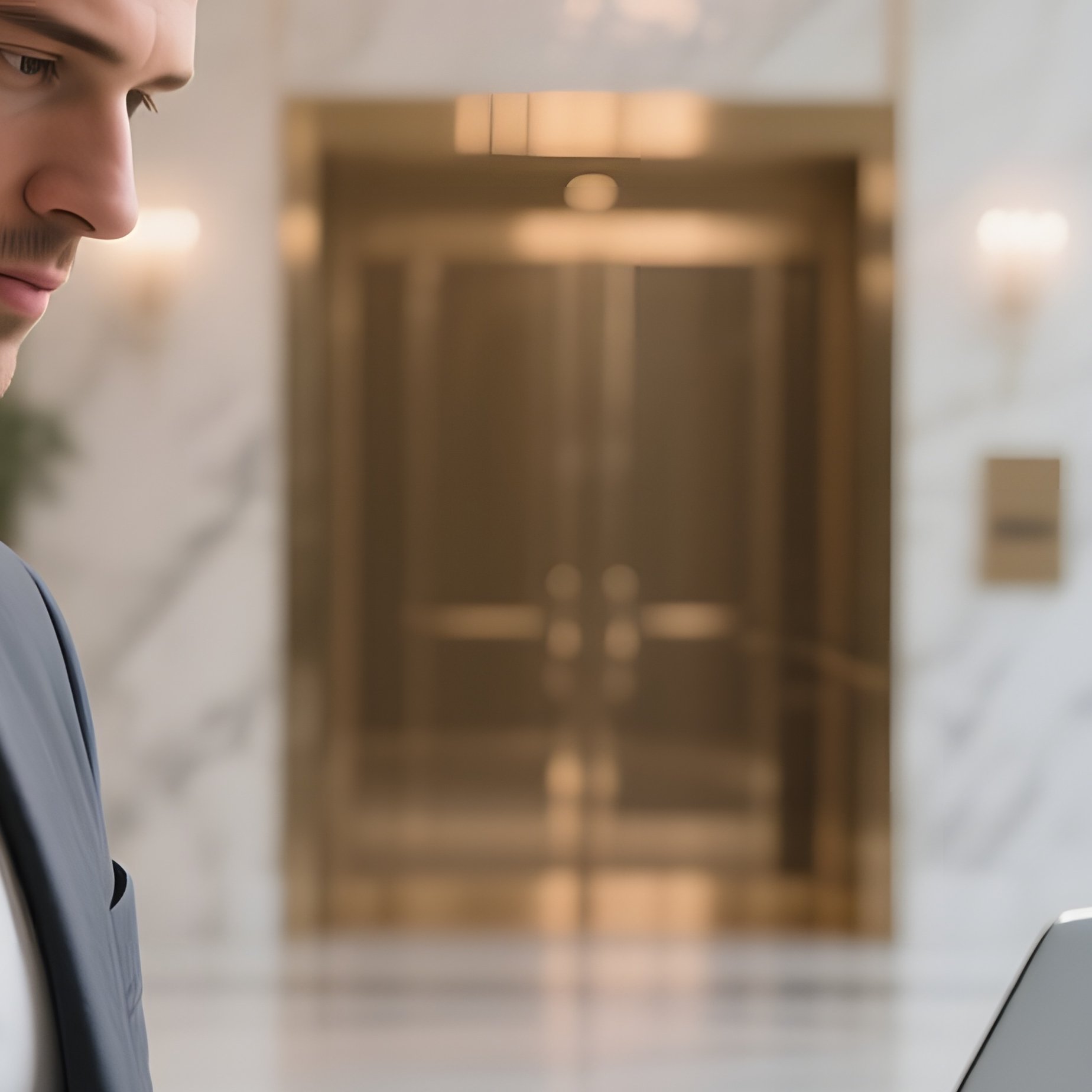An Elegant Marble Lobby Turned Temporary Workstation, A Six‑Pack Businessman In A Tailored Blazer - Full Resolution Quality Preview